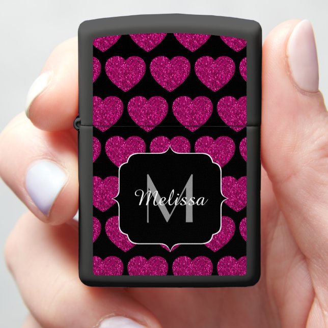 Hot pink heart faux sparkles pattern Monogram Zippo Lighter (In Hand)