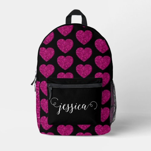 Hot pink heart glitter sparkle pattern Custom Name Printed Backpack