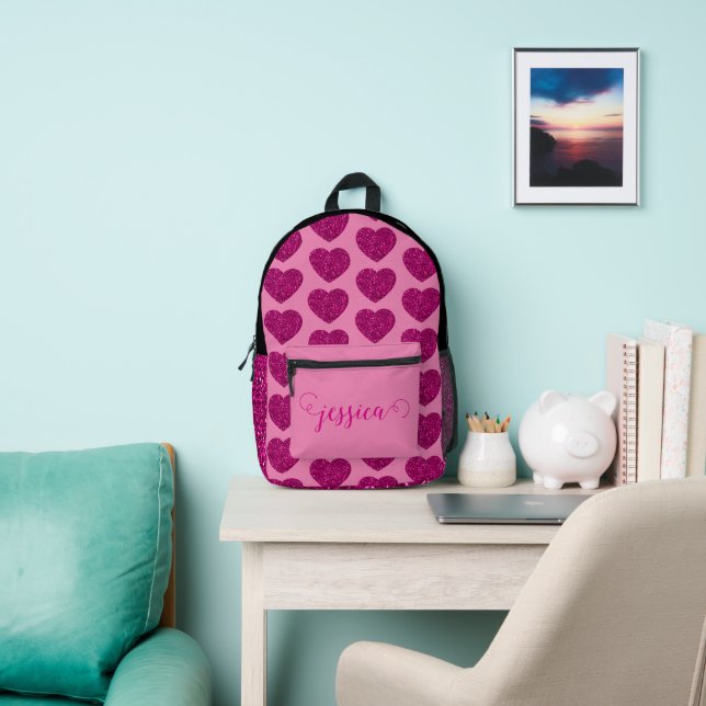 Hot pink heart glitter sparkle pattern Custom Name Printed Backpack (Insitu)