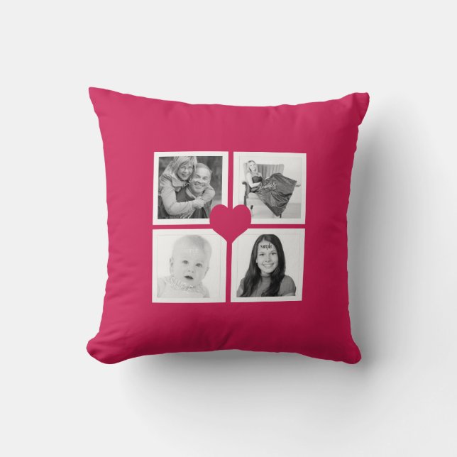 Hot Pink Heart Instagram Photo Collage Throw Pillow (Front)