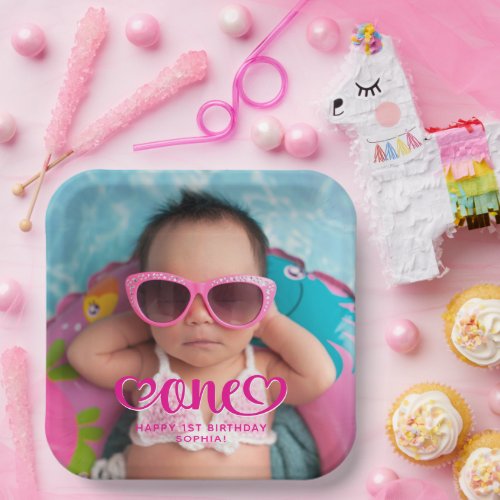 Hot Pink Heart One Photo 1st Birthday Paper Plates