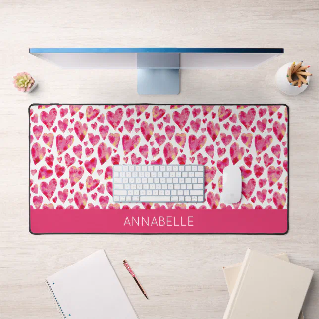 Pink Love Computer Mat Hot Pink Heart Personalized First Name Desk Mat | Zazzle