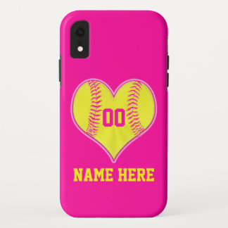 Hot Pink Heart Personalized Softball iPhone Case