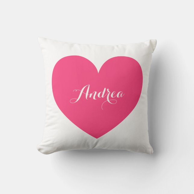 Hot Pink Heart & Polka Dots Pattern Personalized Throw Pillow (Front)