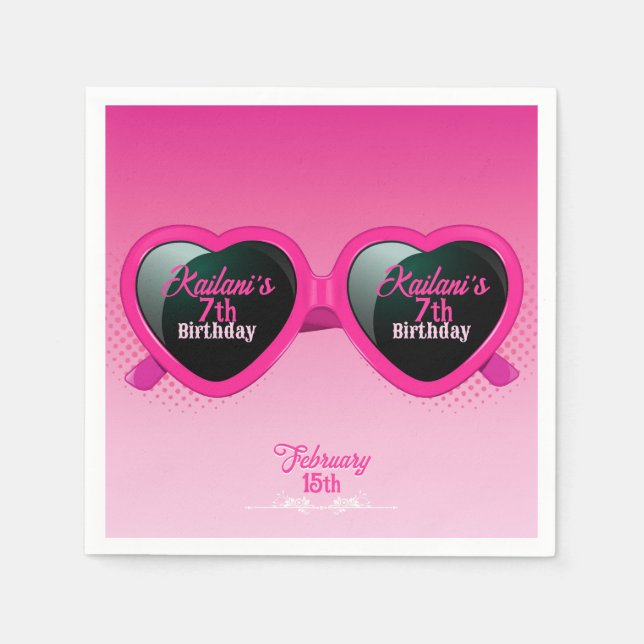 Hot Pink Heart Sunglasses Birthday Napkins (Front)