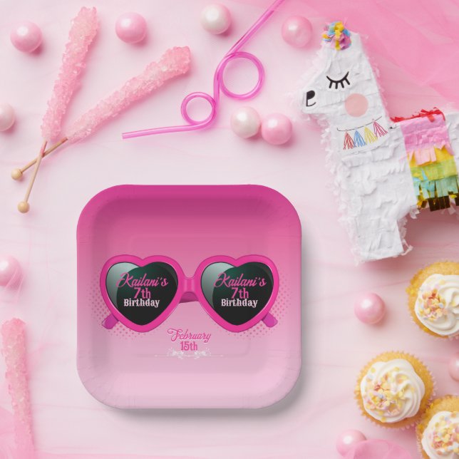 Hot Pink Heart Sunglasses Birthday Paper Plates (Party)
