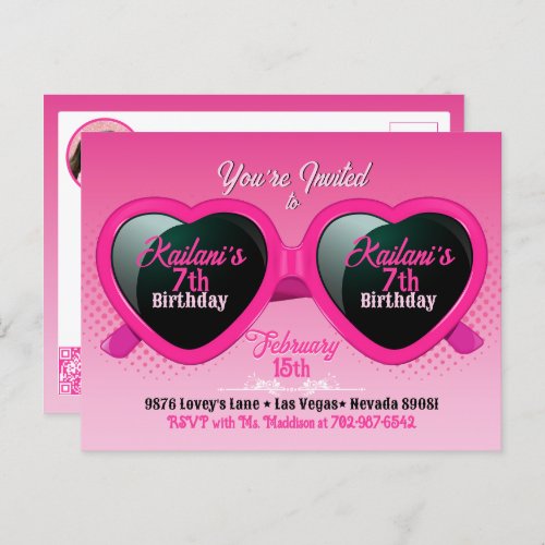 Hot Pink Heart Sunglasses Birthday Photo Postcard