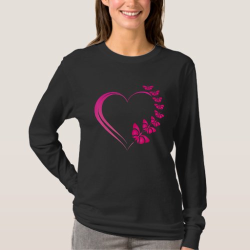 Hot Pink Heart With Pink Butterflies For Women And T_Shirt