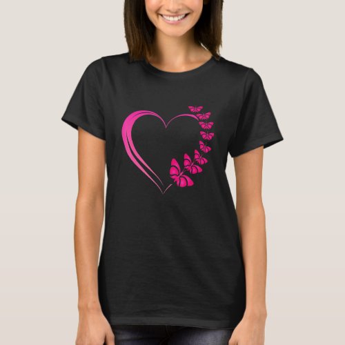 Hot Pink Heart With Pink Butterflies For Women And T_Shirt