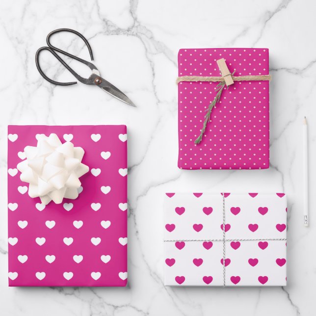 Hot Pink Hearts And Polka Dots Wrapping Paper Sheets (Front)