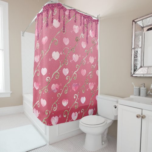 Hot Pink Hearts Dripping Glitter Girly Romantic  Shower Curtain