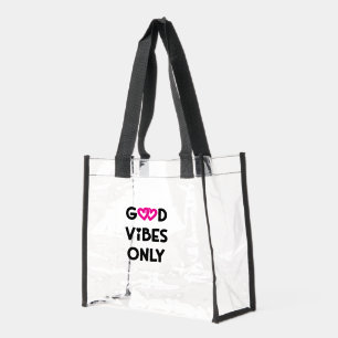 Hot Pink Hearts Good Vibes Only Clear Tote Bag