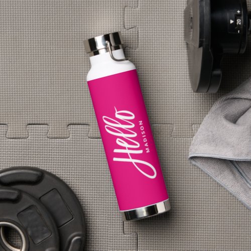 Hot Pink Hello Modern Simple Script with Your Name Water Bottle