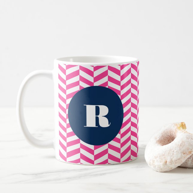 Hot Pink Herringbone Pattern Monogram Coffee Mug (With Donut)