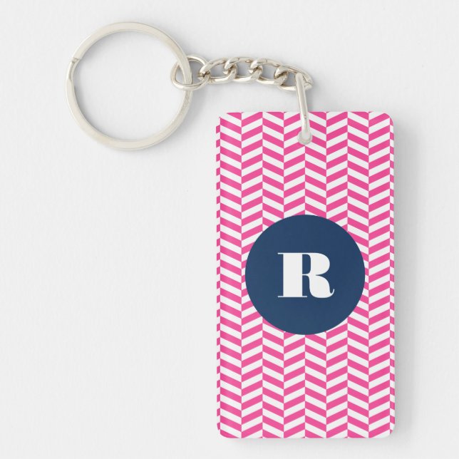 Hot Pink Herringbone Pattern Monogram Keychain (Front)