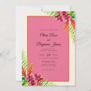 Hot Pink Hibiscus Eucalyptus Wedding Invitation