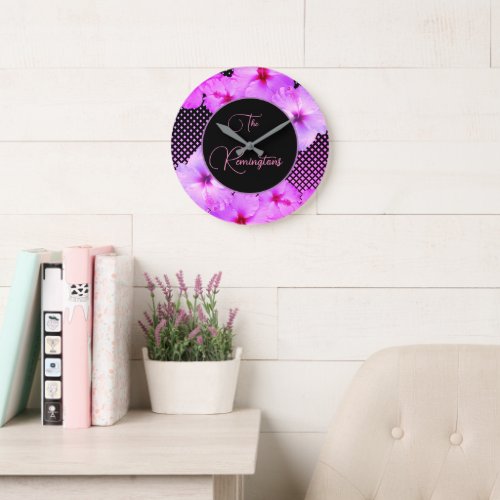 Hot Pink Hibiscus Family Name Keepsake     Large Clock