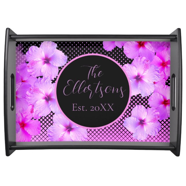 Hot Pink Hibiscus Family Name Serving Tray (Front)