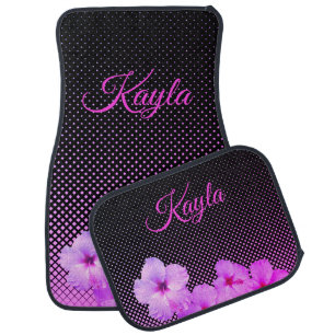 Hot Pink Hibiscus on Black and Pink Checkered Car Floor Mat