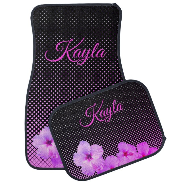 Hot Pink Hibiscus on Black and Pink Checkered Car Floor Mat (Set)