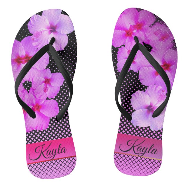 Hot Pink Hibiscus on Black and Pink Checkered Flip Flops (Footbed)