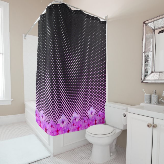 Hot Pink Hibiscus on Black and Pink Checkered Shower Curtain (In Situ)