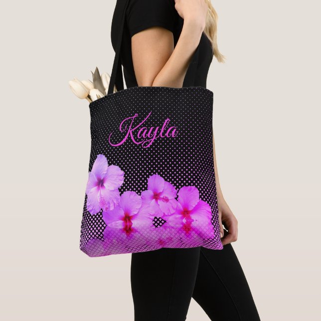 Hot Pink Hibiscus on Black and Pink Checkered Tote Bag (Close Up)