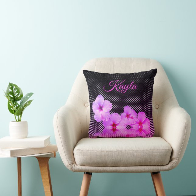 Hot Pink Hibiscus on Black and Pink Personalized Throw Pillow (Chair)