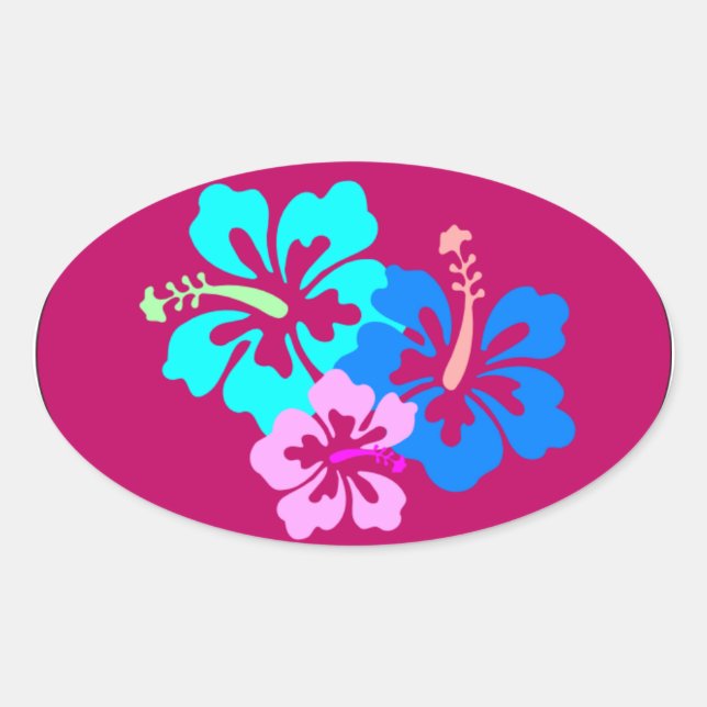 Hot Pink Hibiscus Pattern Oval Sticker (Front)