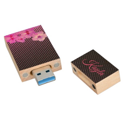 Hot Pink Hibiscus  Personalized Wood Flash Drive