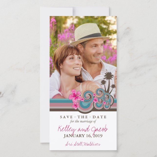 Hot Pink Hibiscus Tropical Blue Waves Beach Photo Save The Date (Front)