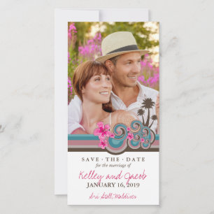 Hot Pink Hibiscus Tropical Blue Waves Beach Photo Save The Date