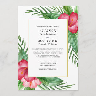 Hot Pink Hibiscus Watercolor Tropical Wedding Invitation