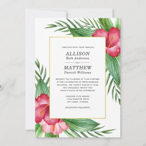 Hot Pink Hibiscus Watercolor Tropical Wedding Invitation