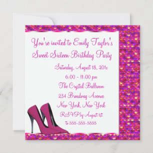 Hot Pink High Heel Pink Sequin Sweet Sixteen Party Invitation