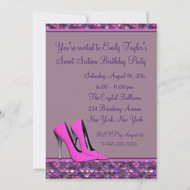 Hot Pink High Heel Sequin Sweet Sixteen Party Invitation (Front)