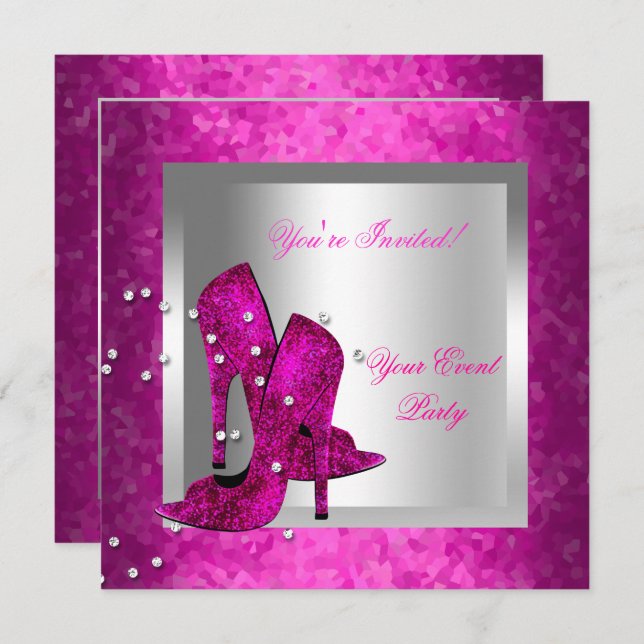 Hot Pink High Heel Shoes Silver Event Party Invitation (Front/Back)