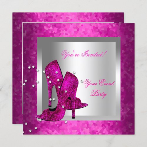 Hot Pink High Heel Shoes Silver Event Party Invitation