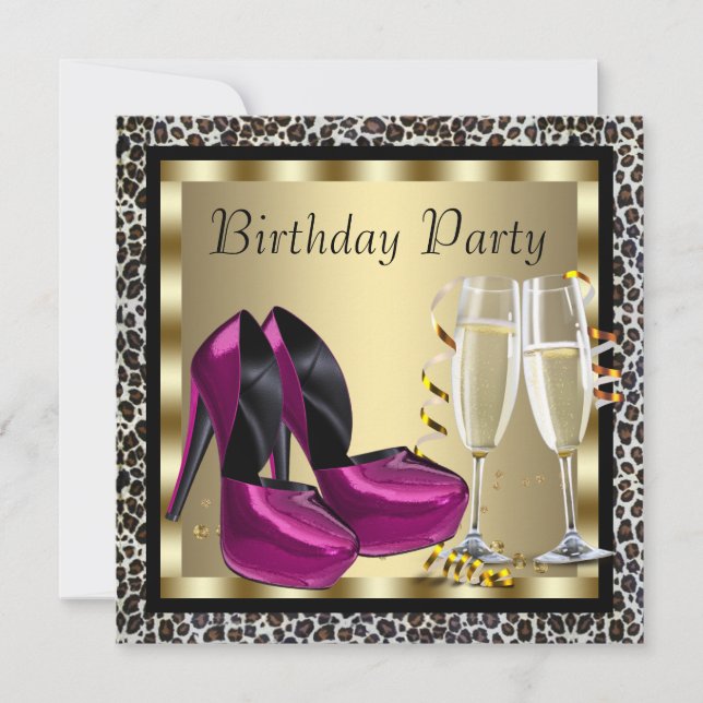 Hot Pink High Heel Shoes Womans Leopard Birthday Invitation (Front)