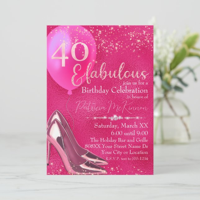Hot Pink High Heel Stilettos Glitter 40th Birthday Invitation (Standing Front)