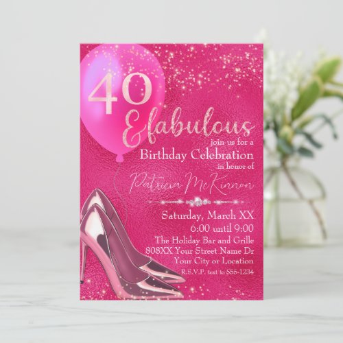 Hot Pink High Heel Stilettos Glitter 40th Birthday Invitation