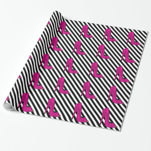 Hot Pink High Heels shoe Black White Stripe Wrapping Paper