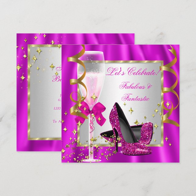 Hot Pink High Heels Silver Women's Birthday Party Invitation (Front/Back)