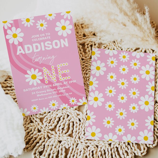Hot Pink Hippy Wave Daisy 1st Birthday Invitation (Hot pink daisy 1st birthday invitation with wave and white and yellow daisy.)