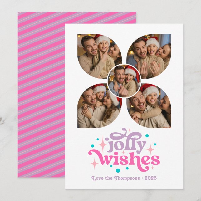 Hot-Pink Holiday Retro Photo Collage Christmas Card (Front/Back)