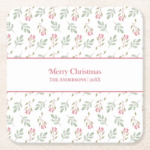 Hot Pink Holly Berry Merry Christmas Square Paper Coaster