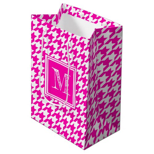 Hot Pink Houndstooth  Modern Monogram Medium Gift Bag