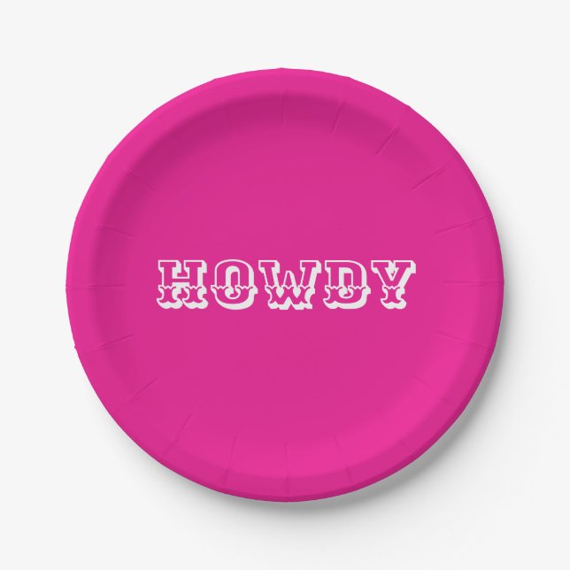 Hot Pink Howdy Cowgirl Style Paper Plates (Front)