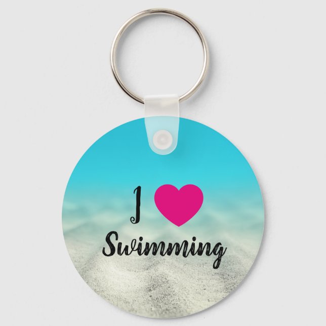 Hot Pink I Love Swimming Blue Underwater Photo Keychain (Front)