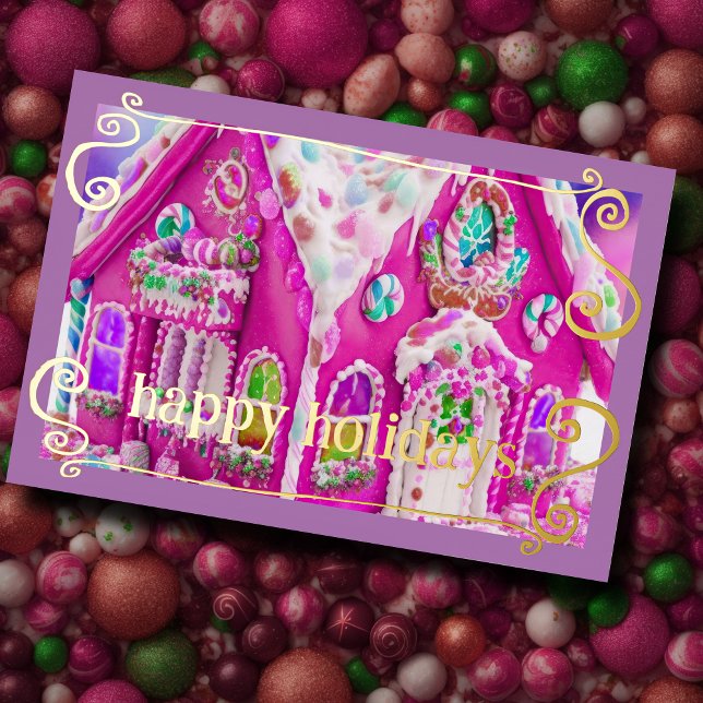 Hot Pink Iced Gingerbread House Candy Holiday Card (Creator Uploaded)